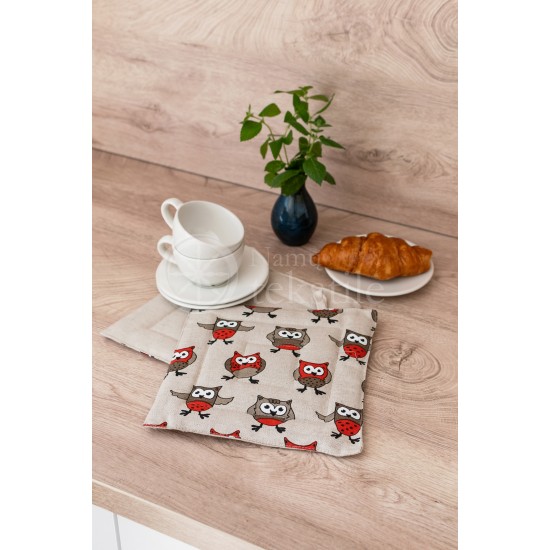 Printed half linen tray for hot pot "Owls orange"